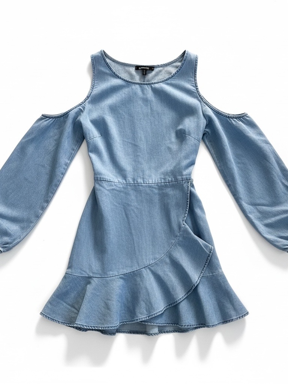 Express Light Blue Cold-Shoulder Ruffle Mini Dress - Picture 2 of 3